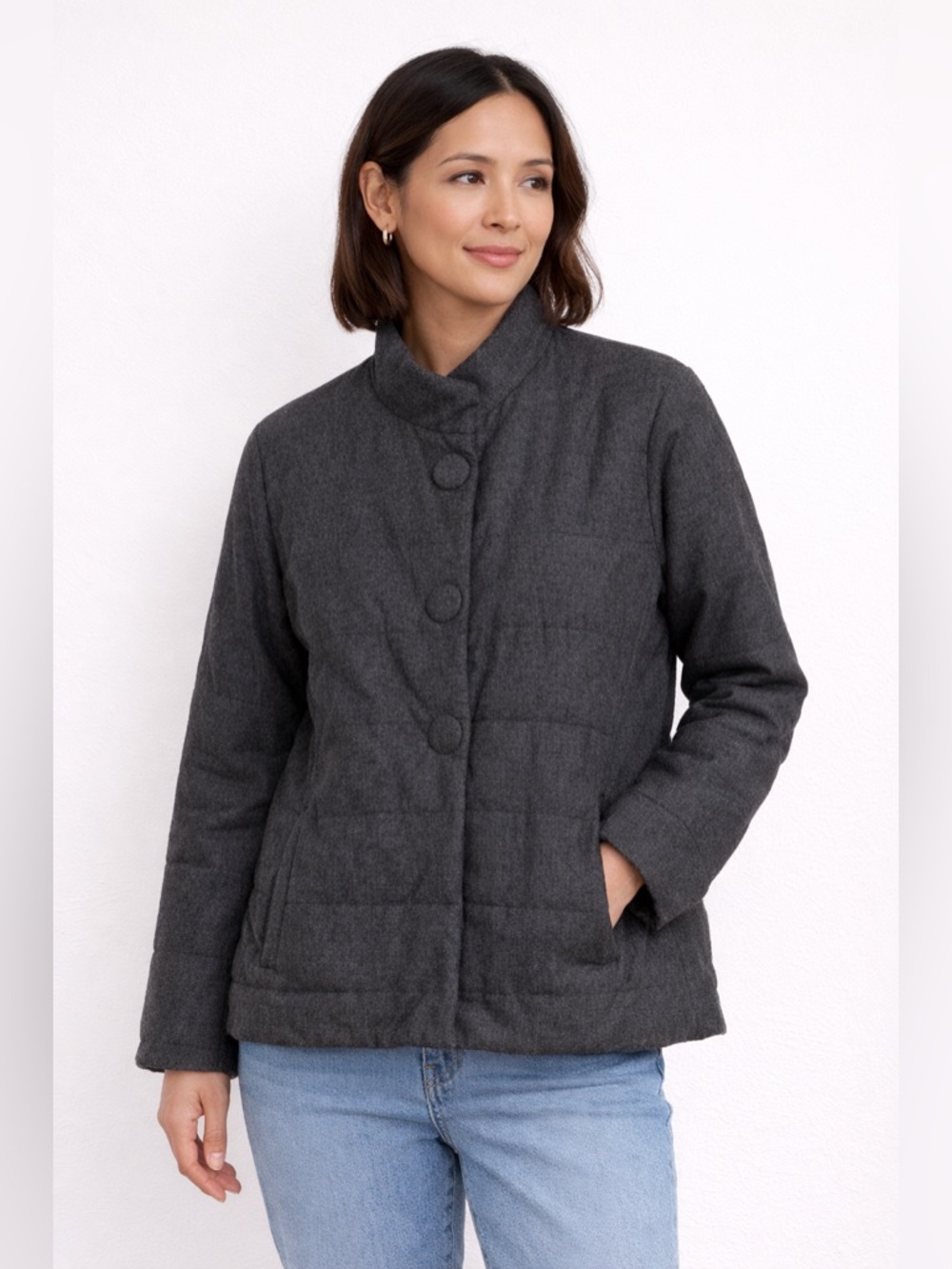 NWT J Jill‎ Charcoal Gray Quilted Puffer Jacket Coat Zip Pockets Small Modern